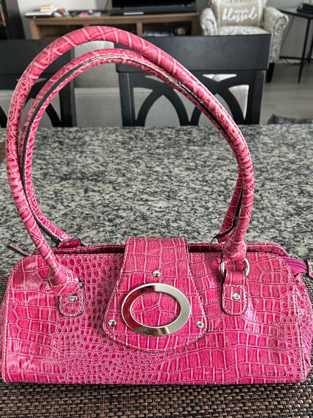 Purse/Should Bag - Faux Crocodile Purse - Hot Pink